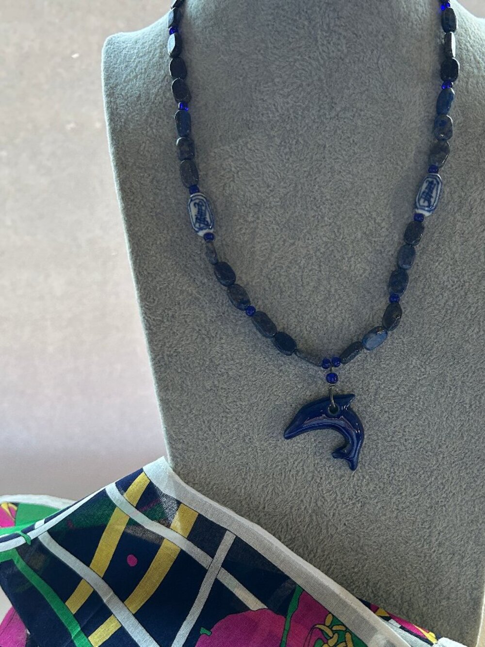 Dolphin Pendant/Blue Stone Necklace + Ginny Johansen Pocket Square Scarf